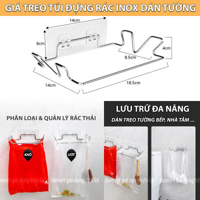 Giá Đỡ Túi Đựng Rác Treo Tường Nhà Bếp INOX Kèm Miếng Keo Siêu Dính Móc Treo Đồ Nhà Tắm Đa Năng