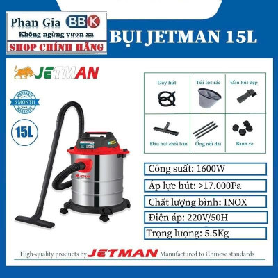 Máy Hút Bụi JETMAN 15L 1600W 3 Chức Năng: Hút khô, Hút ướt, Thổi bụi, 100% Dây đồng (Bảo hành 12 tháng)