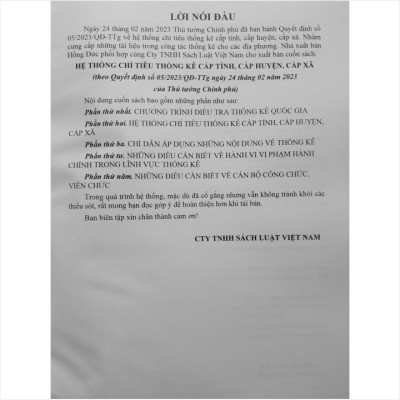 Sách Hệ Thống Chỉ Tiêu Thống Kê Cấp Tỉnh, Cấp Huyện, Cấp Xã theo Quyết định 05/2023/QĐ-TTg ngày 24/02/2023 - V2205T