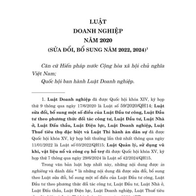 Luật doanh nghiệp năm 2020 (Sửa đổi, bổ sung năm 2022, 2024) bản in 2025