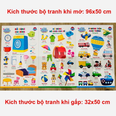 Bộ Tranh Gấp Thông Thái Cho Bé - Song Ngữ Anh Việt - 3 Tấm, 6 Mặt, 17 Chủ Đề, Kích Thước 96 x 50cm