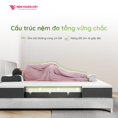 Nệm Foam Latex Thuần Việt Hybrid 20cm - Kết Cấu Đa Tầng, Nâng Đỡ Êm Ái, Bảo Vệ Cột Sống Khỏe, Công Nghệ Trà Xanh Kháng Khuẩn, Khử Mùi