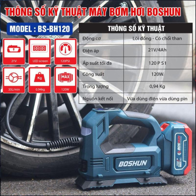 Máy bơm hơi pin BOSHUN BS-BH120, Công suất 120W, Áp suất tối đa 120psi, Tốc độ bơm hơi: 35L/min, Màn hình led