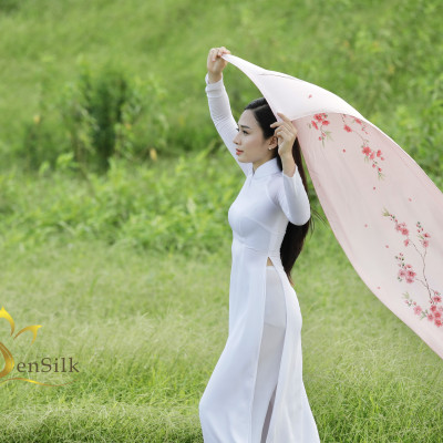 Khăn Choàng Cổ Lụa Cao Cấp Vẽ Hoa Đào SenSilk 180x55cm, Tơ Lụa Bảo Lộc Cao Cấp, Khăn Quấn Cổ Thời Trang Cao Cấp