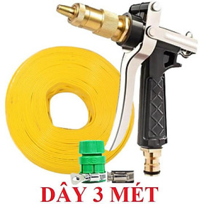 Bộ dây vòi xịt nước ️ ,tăng áp 3 lần,loại 3m, 5m 206236 đầu đồng,đai,nối nhựa vàng+ móc khoá