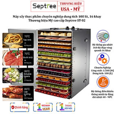 Máy sấy thực phẩm 16 khay inox 100 Lít Thương hiệu Mỹ Septree ST-02, Công suất 1500W - Hàng nhập khẩu (Bảo hành 12 Tháng)