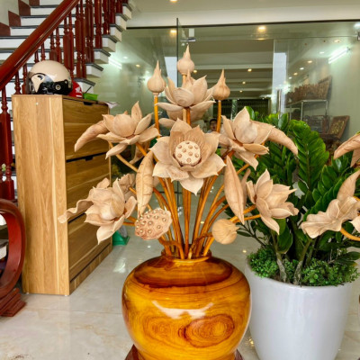 2 bình hoa sen gỗ hương đỏ ,trang trí phòng thờ ,phòng khách tuyệt đẹp, 25 cành ,hoa lá gương bằng gỗ ngọc am thơm phức 