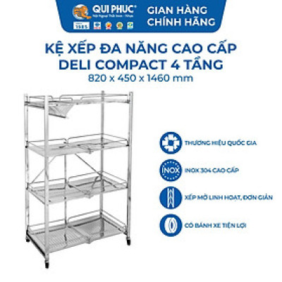 [Chính hãng Qui Phúc] Kệ xếp inox đa năng cao cấp Compact 4 tầng, có bánh xe di chuyển tiện lợi