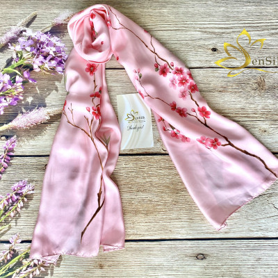 Khăn Choàng Cổ Lụa Cao Cấp Vẽ Hoa Đào SenSilk 180x55cm, Tơ Lụa Bảo Lộc Cao Cấp, Khăn Quấn Cổ Thời Trang Cao Cấp