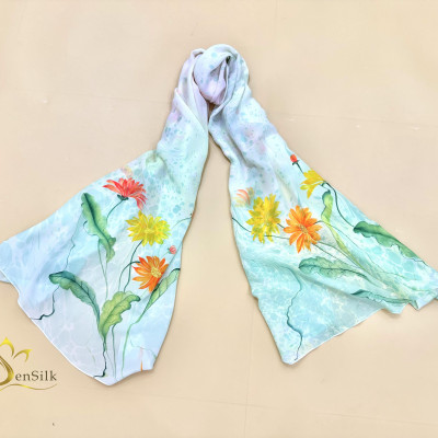 Khăn Thuỷ Ấn Vẽ Tay SenSilk Hoa Đồng Tiền - Silk Shawl Water Marbled Hand Painted - Quà Tặng Đối Tác - Vietnam Silk Gift