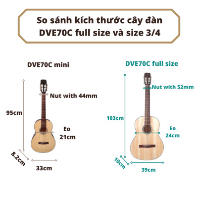Đàn guitar classic mini DVE70C size 3/4 đàn ghita dành cho trẻ em + Tặng giá trình, Bao da phụ kiện đàn guitar