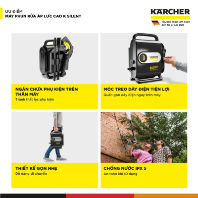Máy phun rửa áp lực cao Karcher K Silent - Công suất 1800W, áp lực tối đa 130 bar - Bảo hành chính hãng 24 tháng - Hàng Chính Hãng