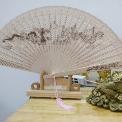 Quạt rồng phượng thanh gỗ cổ trang phong thủy, biểu diễn, trang trí, chụp ảnh mát sang trọng