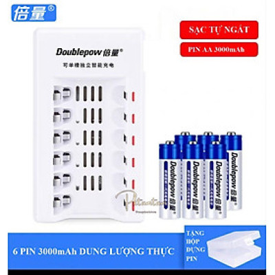 Sạc Pin AA/AAA Tự Ngắt ( 6 Khe Sạc ),Tặng Kèm Hộp 6 Pin Dowblepow 3000mAh