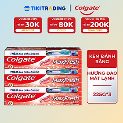 Bộ 3 Kem đánh răng Colgate MaxFresh Hương Đào Mát Lạnh 225g tặng kèm bàn chải
