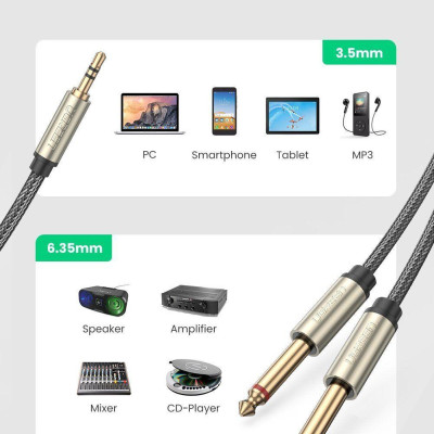 Ugreen UG10615AV126TK 2M màu xám cáp 3.5mm TRS ra 2 cổng 6.35mm TS - HÀNG CHÍNH HÃNG