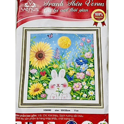 Tranh thêu kín Thỏ dễ thương vs8080, kích thước 50 x 50  cm