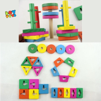 Đồ Chơi Gỗ Luyện Tay Luồn Cọc Thông Minh - Thả Hình Khối Trên 5 Cột Trụ Đa Dạng Cho Bé
