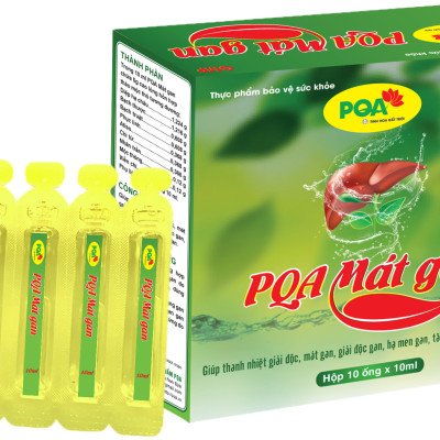 PQA Mát Gan hộp 10 ống gồm các thảo dược giúp thanh nhiệt giải độc, mát gan, giải độc gan, hạ men gan, tăng cường chức năng gan dùng trong các trường hợp suy giảm chức năng gan do uống nhiều thuốc tây, dùng nhiều bia rượu.