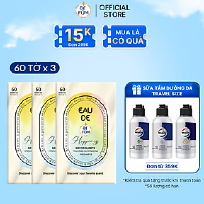 Combo 3 Giấy Thơm Arfum Dùng Cho Máy Sấy Làm Mềm Vải Và Chống Tĩnh Điện , Khử Mùi Tủ Giày, Tủ Quần Áo (60 Tờ/ Hộp)