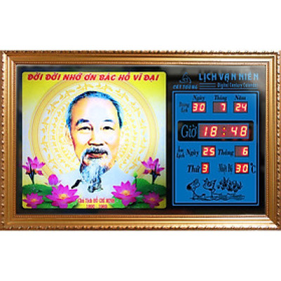 Đồng hồ Lịch Vạn Niên tranh đèn treo tường hiệu Cát Tường_tranh Bác Hồ 55631_KT 55x35x7cm_Có 2 loại (Không remote đèn và Có remote đèn)