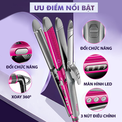 Máy làm tóc đa năng 4in1 Kemei KM-1397 điều chỉnh 4 mức nhiệt có thể duỗi tóc, uốn tóc, bấm xù chân tóc, uốn sóng hippie - Hàng chính hãng