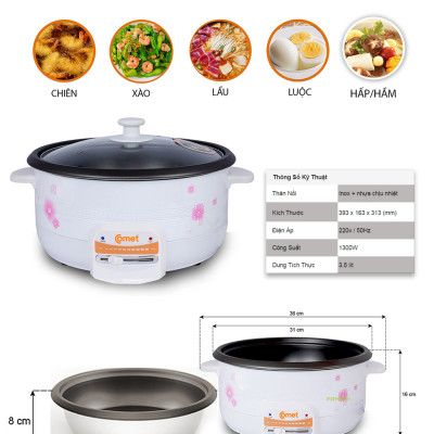 Nồi lẩu điện Comet CM7731 – Dung tích 3.5L, công suất 1300W, chống dính, nắp kính chịu nhiệt, bảo hành 12 tháng - Hàng chính hãng