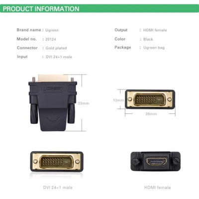 Ugreen UG2012420124TK Màu Đen Đầu chuyển đổi DVI 24 + 1 sang HDMI âm - HÀNG CHÍNH HÃNG