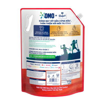 Túi Nước Giặt Omo Matic Comfort Cho Máy Giặt Cửa Trên Hương Tinh Dầu Thơm Xoáy Bay Vết Bẩn, Hương Thơm Bền Lâu 3.6Kg