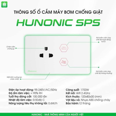 Ổ Cắm Chống Giật Hunonic SPS Bật tắt Máy Bơm, quản lý, mô phỏng lượng nước trên điện thoại
