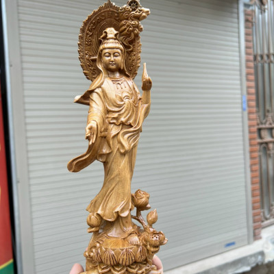 Tượng phật bà quan âm bồ tát bằng gỗ bách xanh thơm nức kt cao 30×8×9cm