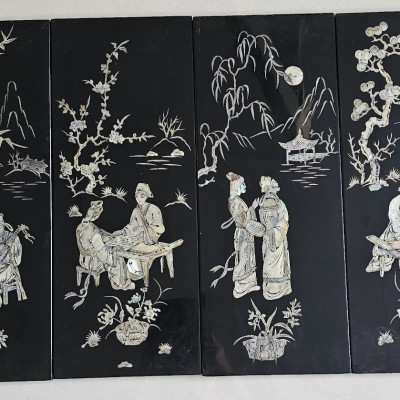 Tranh sơn mài 4 tấm CẦM KÌ THI HỌA, sơn mài xưa, cẩn ốc chìm đẹp 50x80 cm