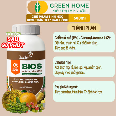 Chế Phẩm Sinh Học Bacte Bios Thán Thư Nấm Hồng, Green Home, Chai 500ml, Từ Thảo Mộc, Hiệu Lực Nhanh Mạnh