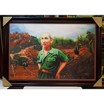 TRANH IN DẦU -BÁC HỒ CÙNG BỘ ĐỘI CÔNG BINH MỞ ĐƯỜNG TRƯỜNG SƠN