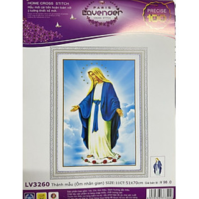 Tranh thêu chữ thập Thánh mẫu ôm nhân gian LV3260, kích thước 50 x 70 cm