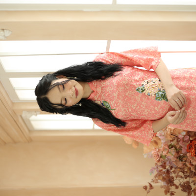 Áo dài cách tân thiết kế lụa cam kết hoa ( size L)