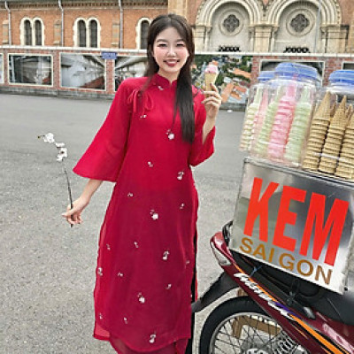 Áo dài cách tân nữ chất vải tơ thêu hoa thiết kế dáng suông 4 tà tay lửng Minh Châu Miều Est.2013