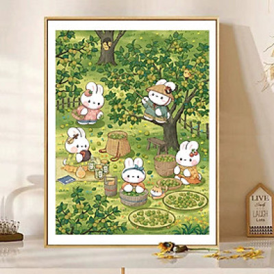 Tranh thêu kín chữ thập Thỏ hái quả ZJ079, kích thức 55 x 70 cm