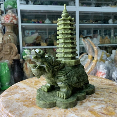 Cụ Long Quy (Rùa Đầu Rồng) Cõng Tháp Văn Xương Đá Ngọc Ấn Độ - cao 22cm