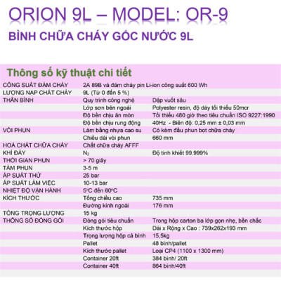 Bình chữa cháy Pin Lithium Orion 9lit Or-9 /Bình chữa cháy xe điện / Bình chữa cháy Vinafoam Orion 9lit