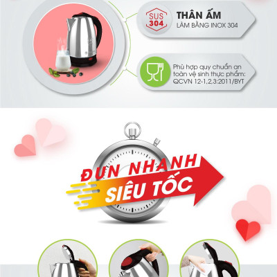 Ấm điện siêu tốc INOX 304 RẠNG ĐÔNG 1.8L RD-AST18ST2- Hàng chính hãng