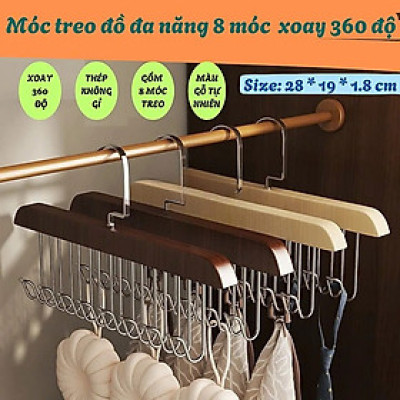 Móc treo đồ đa năng, móc gỗ 8 móc treo đồ lót, khăn, thắt lưng, cà vạt, áo 2 dây xoay 360 độ tiện dụng
