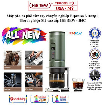 Máy pha cà phê dùng pin cầm tay Espresso 3 trong 1 HiBREW Thương hiệu Mỹ H4C - Pha nóng lạnh - HÀNG NHẬP KHẨU (BẢO HÀNH 12 THÁNG)