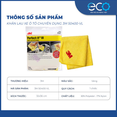 Khăn lau xe ô tô chuyên dụng 3M 50400 VL, sợi Microfiber (siêu mềm chống trầy xước) không để lại xơ vải