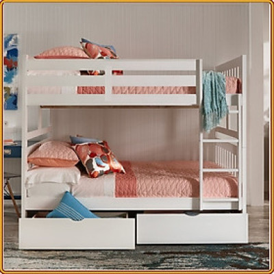 Giường 2 tầng Tundo màu trắng cầu thang treo kèm 2 hộc kéo 1m2