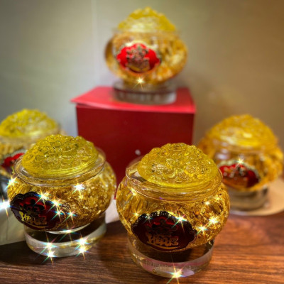 Bát Tụ Bảo vàng lá Thần Tài đế thủy tinh 12cm phong thủy - sung túc chiêu Tài đón Lộc