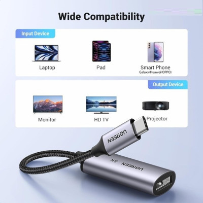 Cáp chuyển đổi USB Type-C to DP hỗ trợ 8K@60Hz chính hãng Ugreen 15575 bọc nhôm cao cấp hàng chính hãng