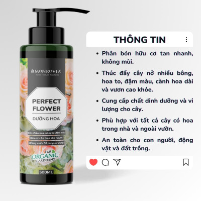 Phân bón DƯỠNG HOA MONROVIA hữu cơ giúp hoa to dậm màu cho hoa hồng, hoa lan, dung tích 500ml