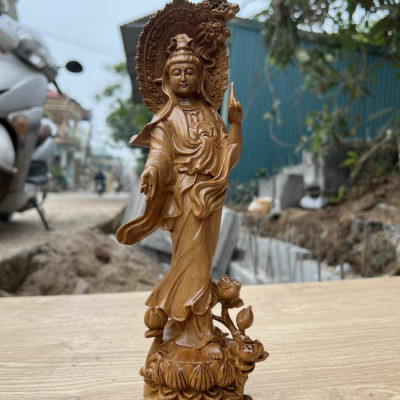 Tượng phật bà quan âm bồ tát bằng gỗ bách xanh thơm nức kt cao 30×8×9cm