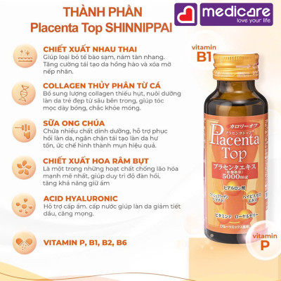 Nước uống SHINNIPPAI Placenta Top 5000mg Hỗ Trợ Đẹp Da Hộp 10 lọ